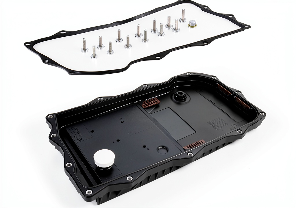 Installing AUCERAMIC Oil Pan with Drain Plug for BMW 8-speed on a wooden workbench